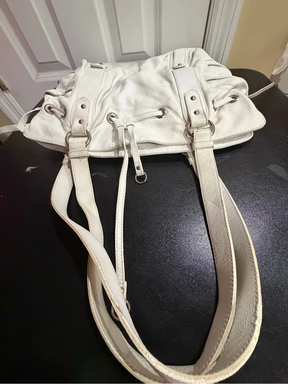 White Leather Drawstring Shoulder Bag